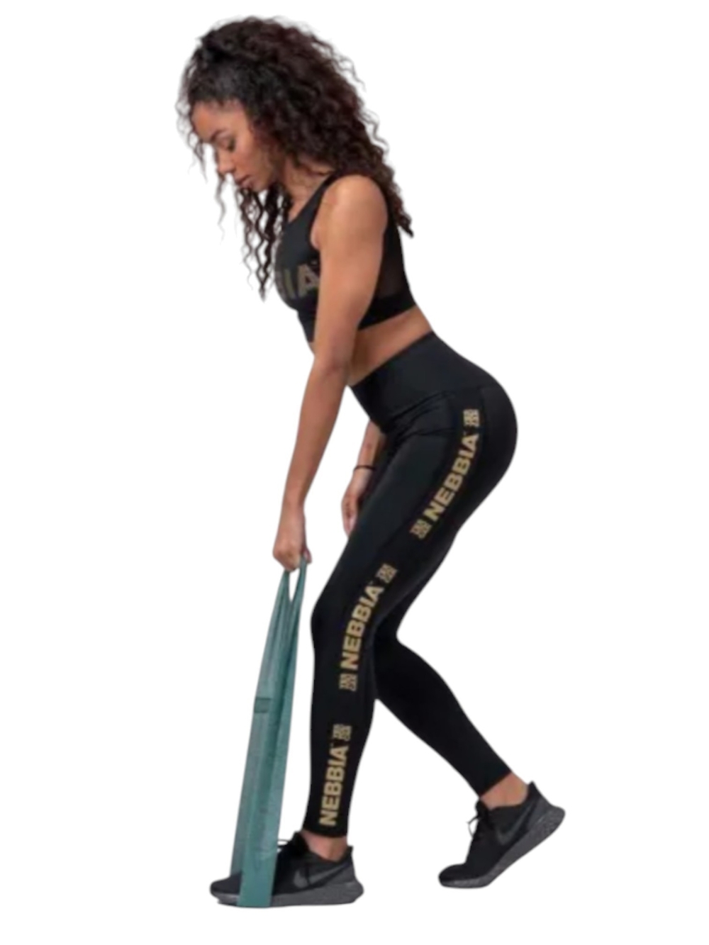 High-Waist Black Leggings with Gold Side Logo Set Top & bottom EUC